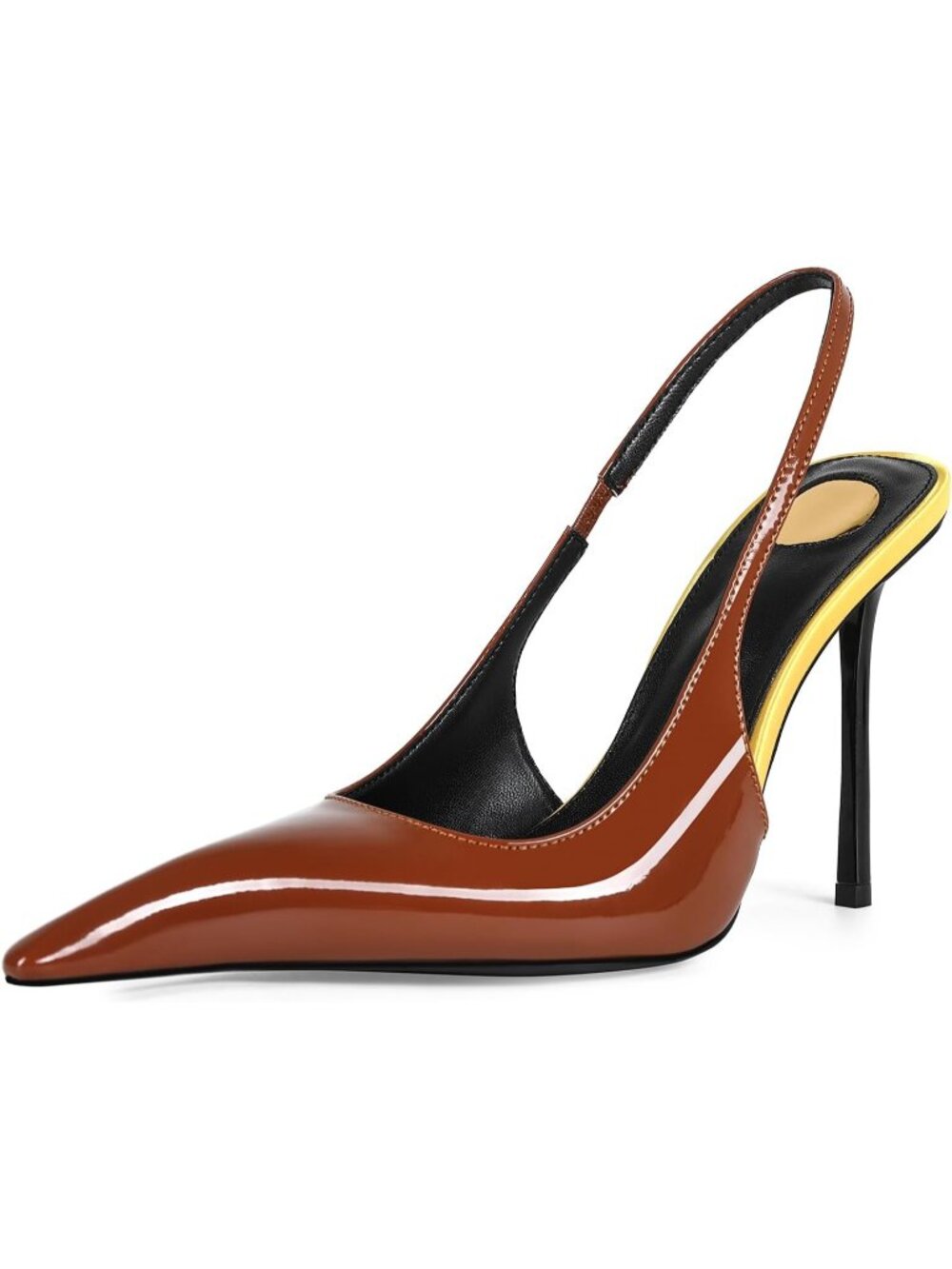 Women's Brown Patent Leather Pointed Close Toe Stiletto High Heels Backless - Picture 3 of 7